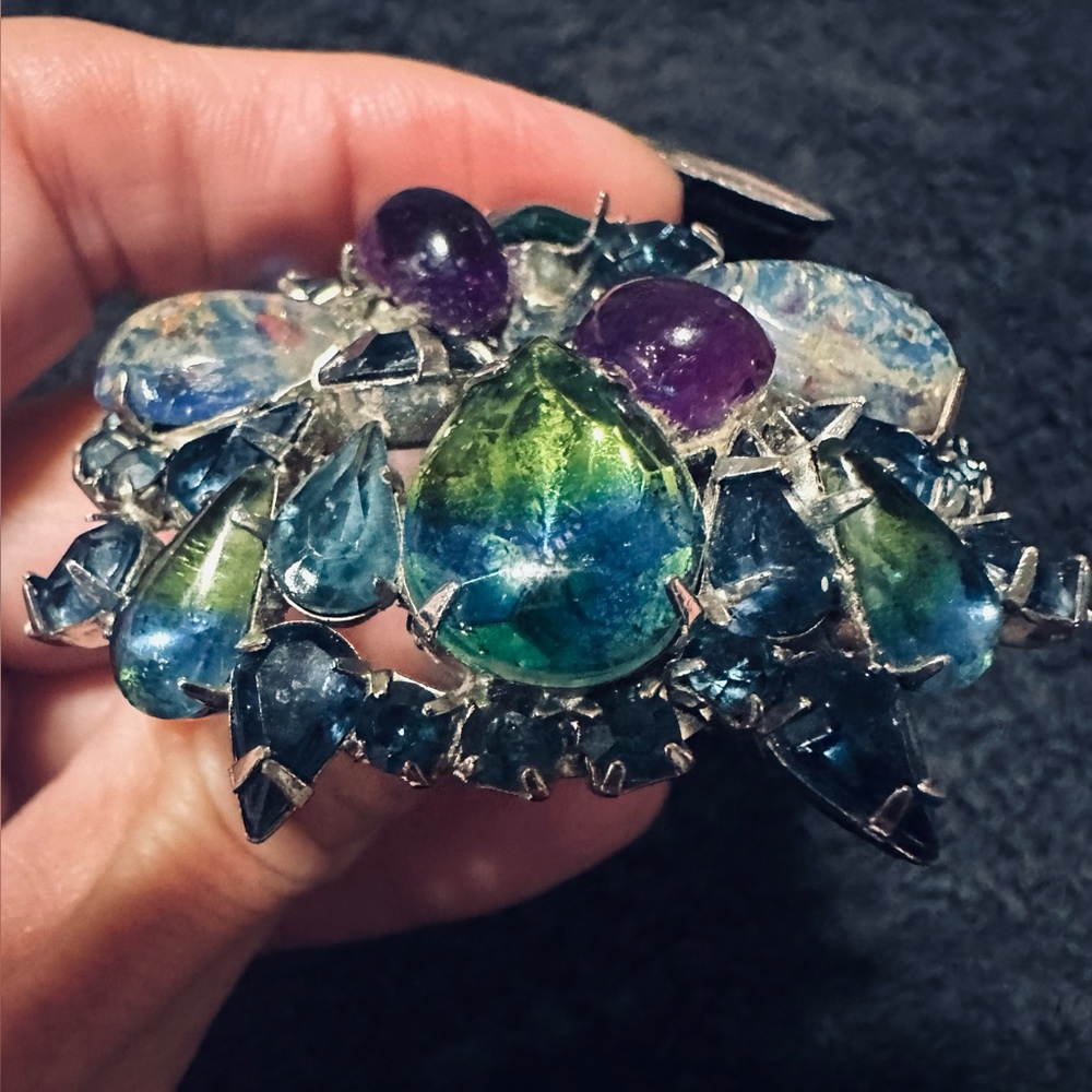 Vintage Albert WEISS Blue & Green Cateye Cabochon Rhinestone Bi-Color Brooch - Picture 5 of 6